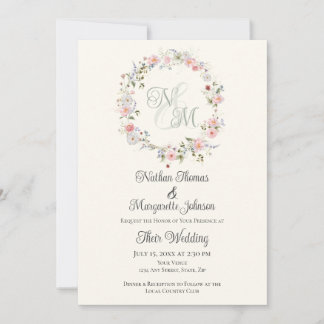 Convite Monogram Watercolor Floral Wreath Wedding