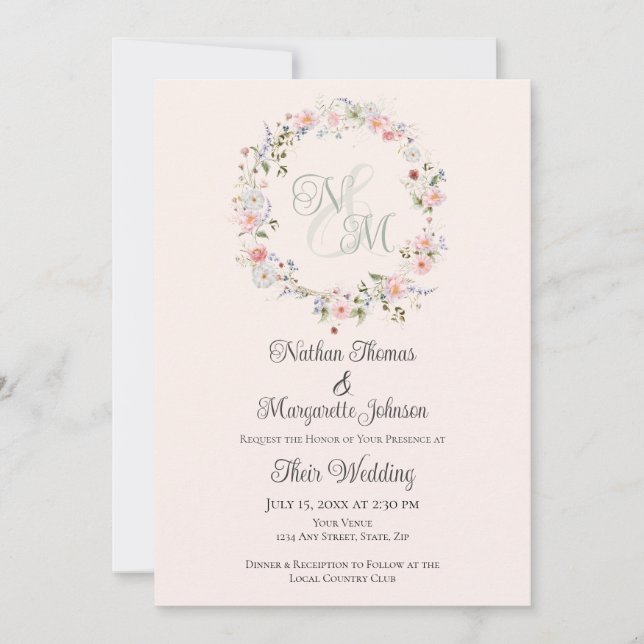 Convite Monogram Watercolor Floral Wreath Wedding (Frente)