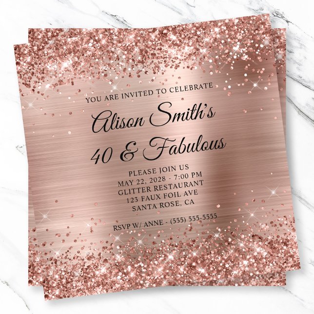 Convite Monograma 40 e fabuloso de folha Rosa dourada (Glittery Rose Gold Foil Monogram 40 & Fabulous Invitation)