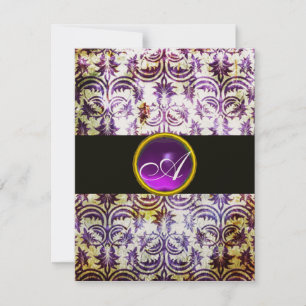 Convite MONOGRAMA ANTIGO DAMASK, roxo branco preto, ouro
