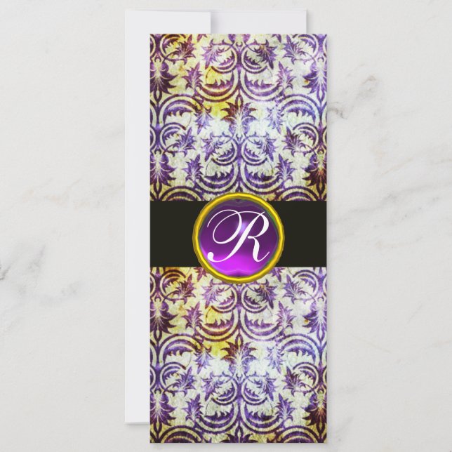 Convite MONOGRAMA ANTIGO DAMASK, roxo preto, branco (Frente)