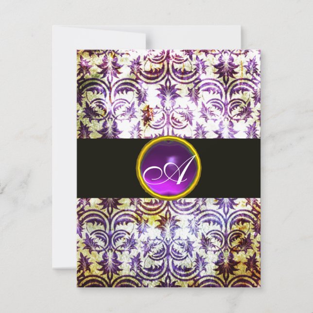 Convite MONOGRAMA ANTIGO DAMASK, roxo preto, branco (Frente)
