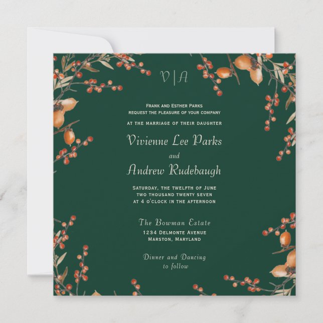 Convite Monograma Autumn Acorn Evergreen Wedding (Frente)