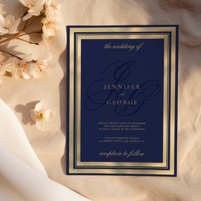 Convite Monograma azul-marinho geométrico em casamento (Geometric gold navy blue monogram initals wedding)