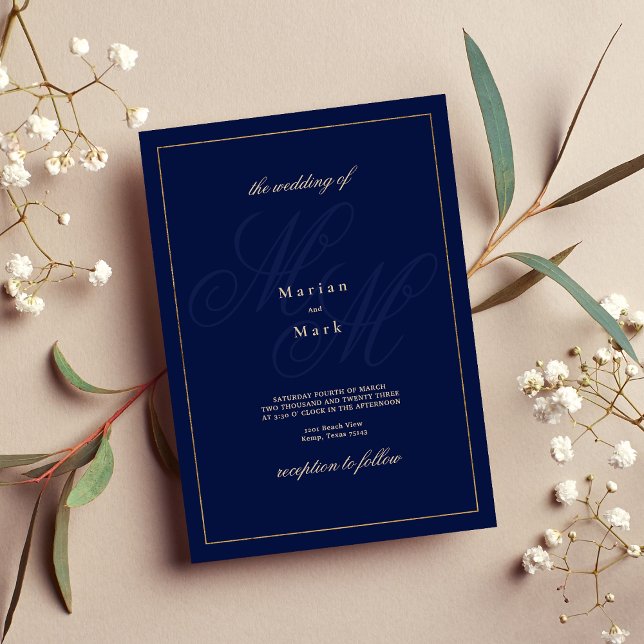 Convite Monograma azul simples marinho monograma (Simple navy blue gold monogram initials Wedding )