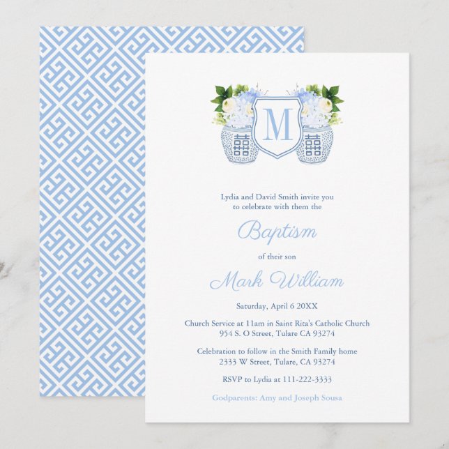 Convite Monograma Blue E White Baby Boy Christening (Frente/Verso)