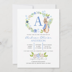 Convite Monograma Blue Floral Peter Rabbit Baptism Boy