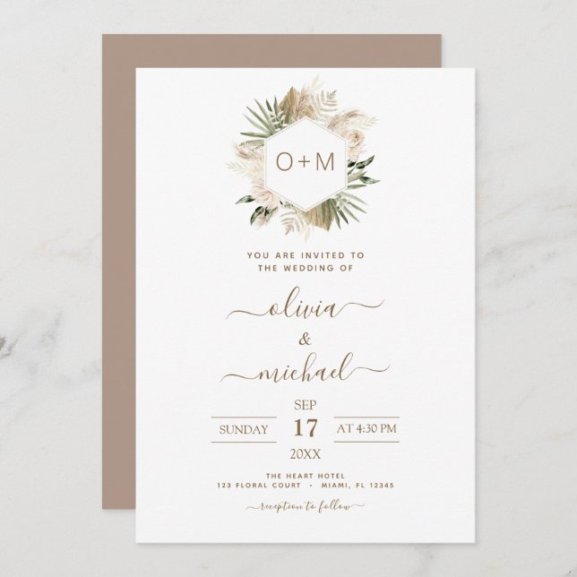 Convite Monograma Boho Tropical Pampas Grass Weding Invita (Frente/Verso)