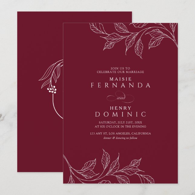 Convite Monograma Botânico Borgonha Casamento Moderno (Frente/Verso)