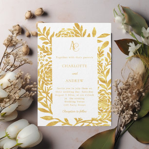 Convite Monograma botânico de ouro branco luxuoso casament
