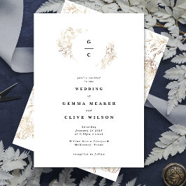 Convite Monograma Botânico Redesenhado à Mão Branco Elegan