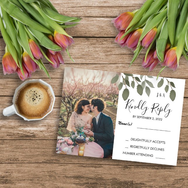 Convite Monograma botânico russo Fotografia Casada RSVP (Rustic botanical monogrammed. photo Wedding RSVP Invitation)