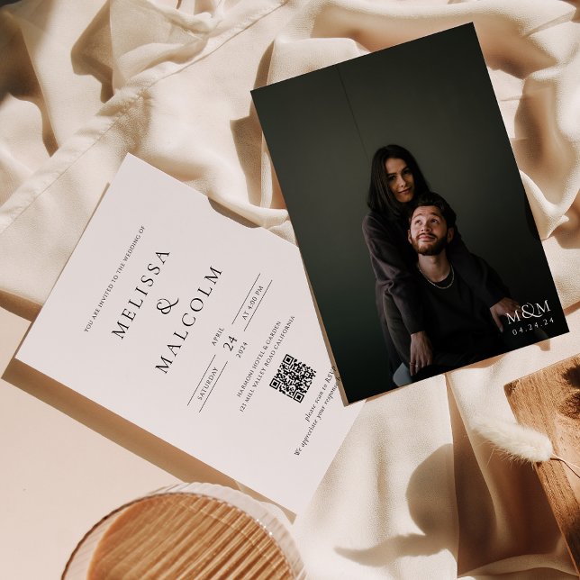 Convite Monograma branco e preto clássico e código QR Casa (Criador carregado)