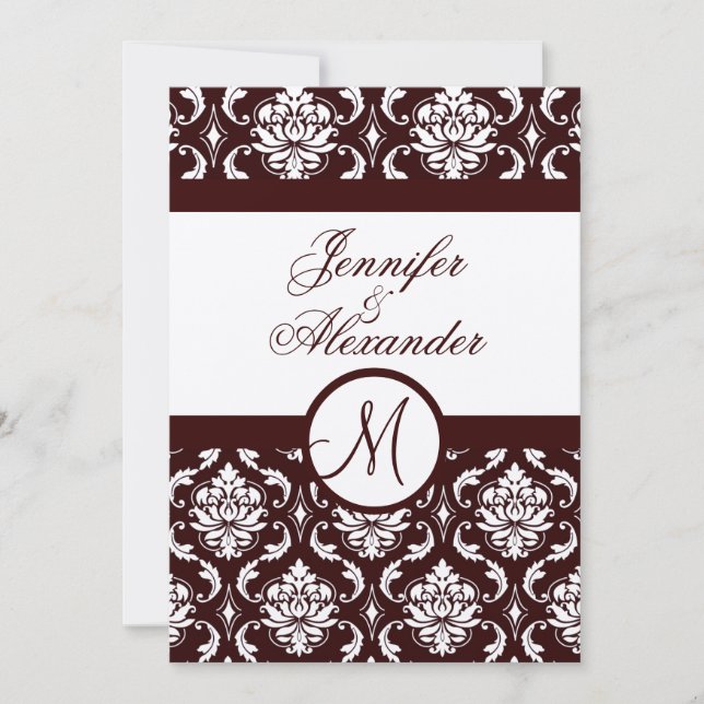 Convite Monograma Brown Damask Invitation on Felt Paper (Frente)