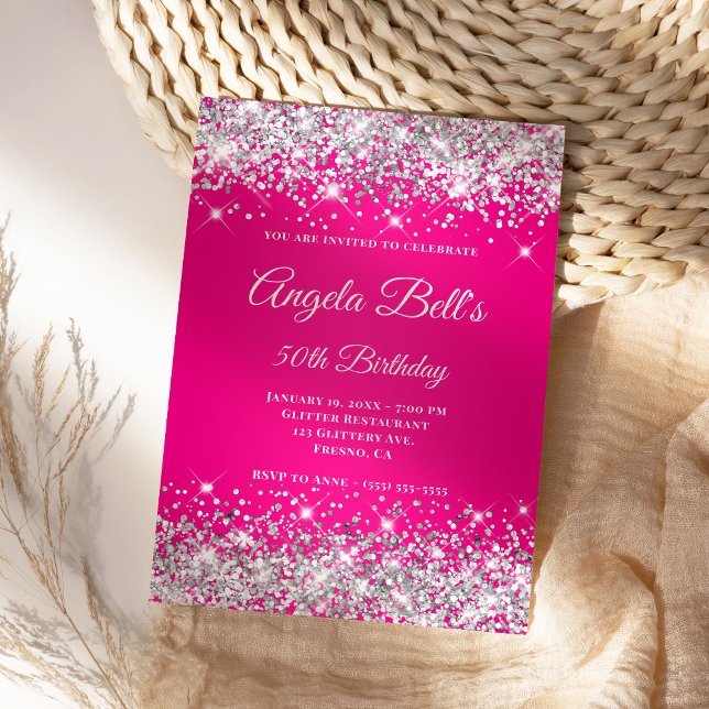 Convite Monograma Chique com Brilho Prateado e Ombre Rosa  (Create your own hot pink birthday invite for her.)