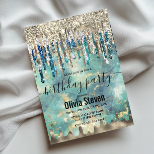 Convite Monograma chique com pingos de glitter azul-turque