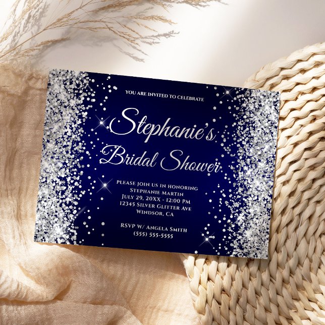 Convite Monograma Chique Gradiente Azul-Marinho Brilho Pra (Modern navy and faux silver glitter Bridal Shower invite.)