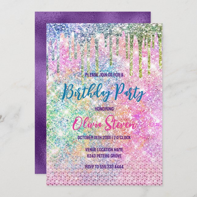 Convite Monograma cintilante unidescente unidorn, cor-de-r (Frente/Verso)