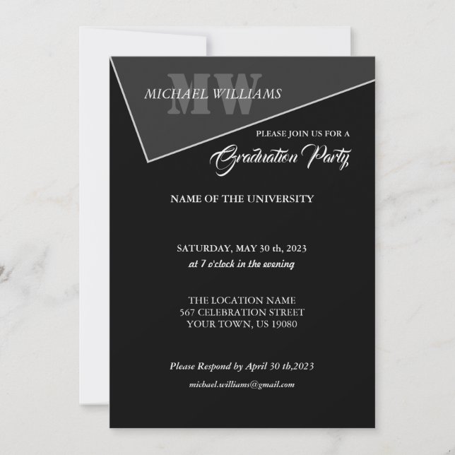 Convite Monograma Cinza Preto Artístico Moderno (Frente)