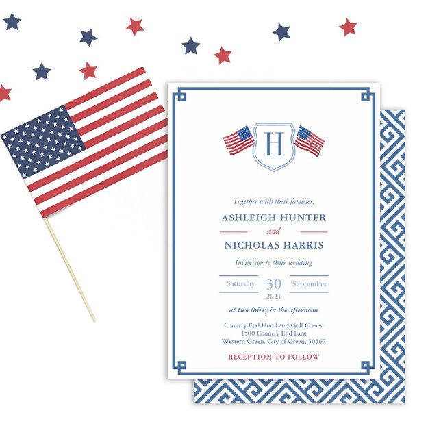 Convite Monograma Clássico 4 De Julho Casado (Elegant Patriotic Red White Blue Monogram Wedding Invitation With A Blue And White Greek Key Backer)