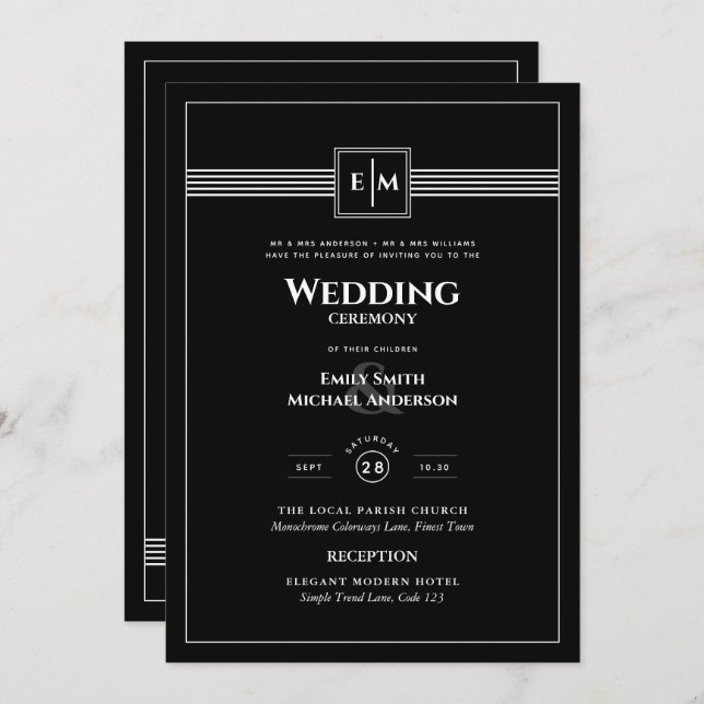 Convite Monograma clássico Casamento formal tudo em um pre (Frente/Verso)