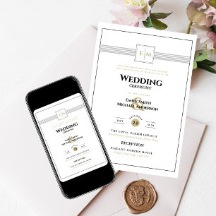 Convite Monograma clássico de Casamento Formal Branco Tud