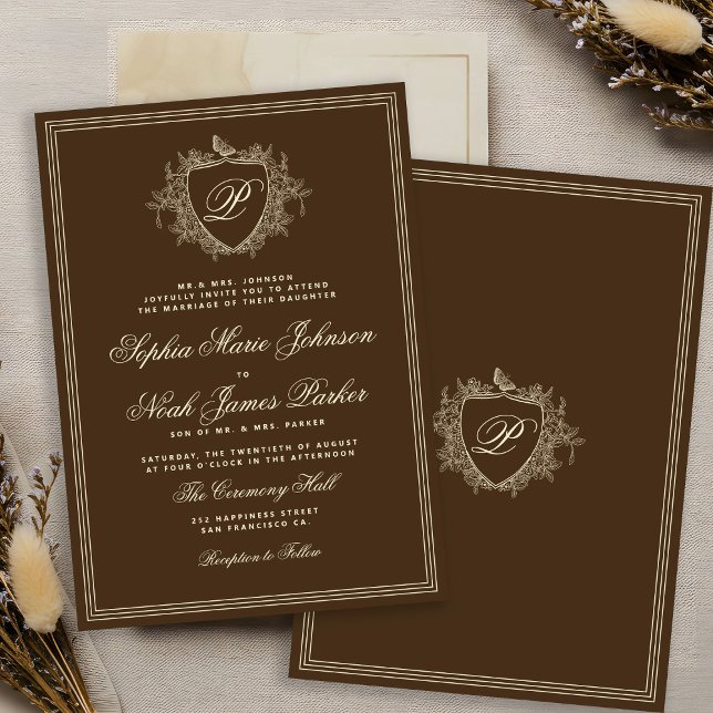 Convite Monograma clássico de crista brown casamento (Criador carregado)