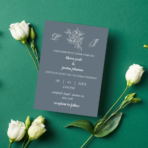 Convite monograma coroa elegante Dusty Blue WEDDING
