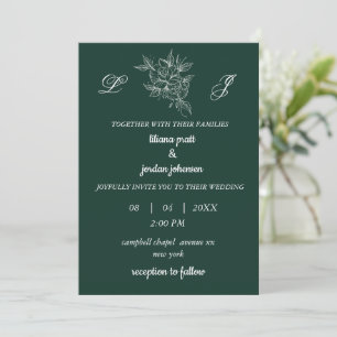 Convite monograma coroa elegante esmeralda verde WEDDING