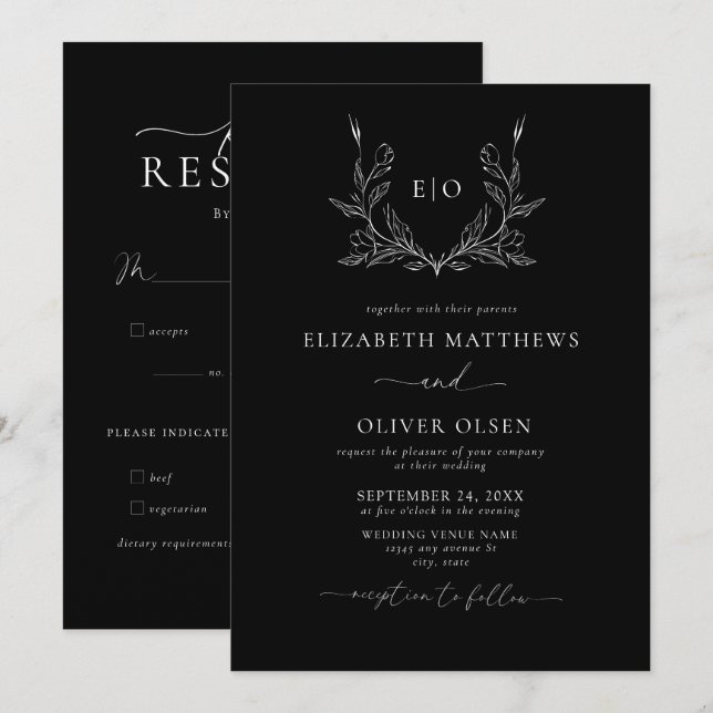 Convite Monograma Crest | Casamento Moderno Minimalista (Frente/Verso)