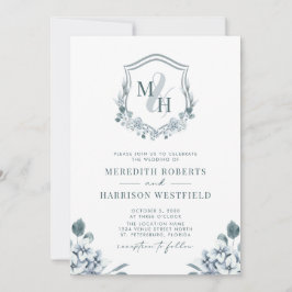 Convite Monograma Crest Código QR Dusty Blue Floral Casame