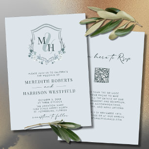Convite Monograma Crest Código QR RSVP Dusty Casamento Azu