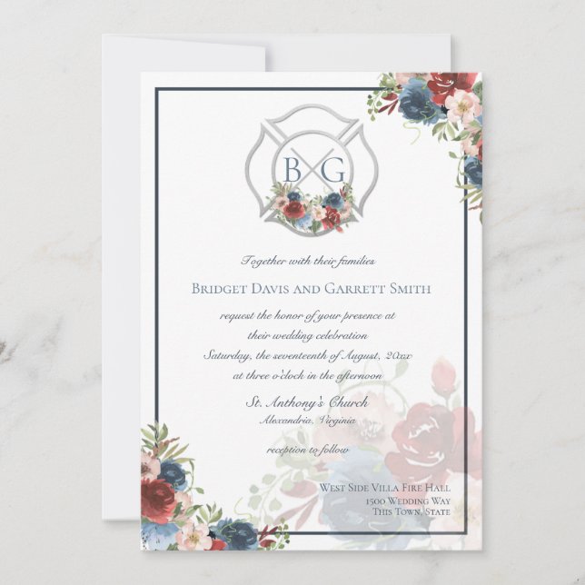 Convite Monograma da Burgundy e da Voz Floral Azul (Frente)