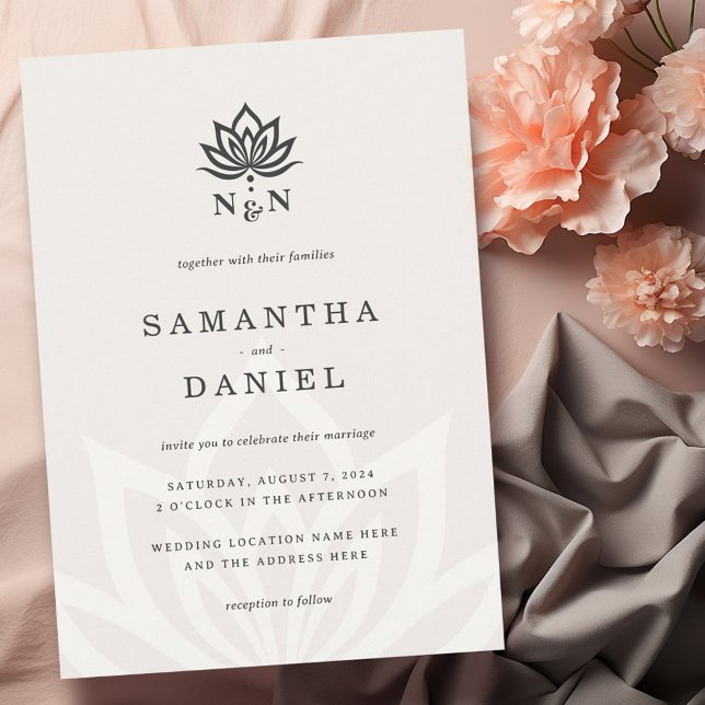 Convite Monograma da flor de lótus elegante marfim neutro  (Elegant lotus flower monogram light neutral ivory invitation)