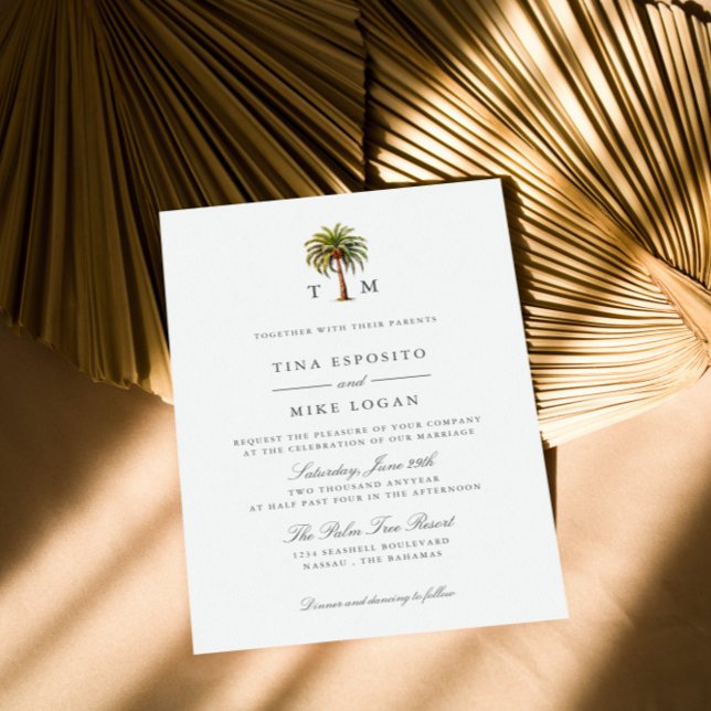 Convite Monograma da palmeira tropical de aquarela Elegant (Mongram Exotic Tropical Wedding invitation with Watercolor Palm Tree and Formal elegant lettering
)