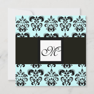 Convite MONOGRAMA DAMASCO, preto e branco, azul