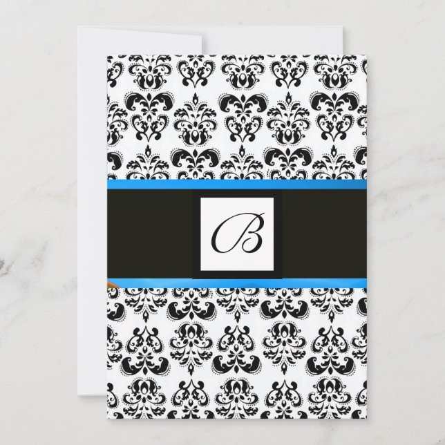 Convite MONOGRAMA DAMASCO, preto e branco, azul (Frente)