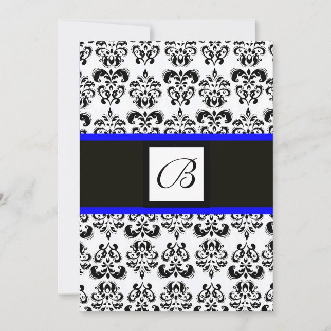 Convite MONOGRAMA DAMASCO,preto e branco,azul (Frente)