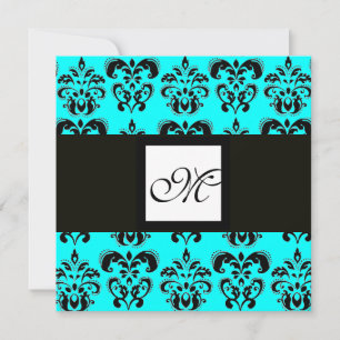 Convite MONOGRAMA DAMASCO, preto e branco, azul turquesa