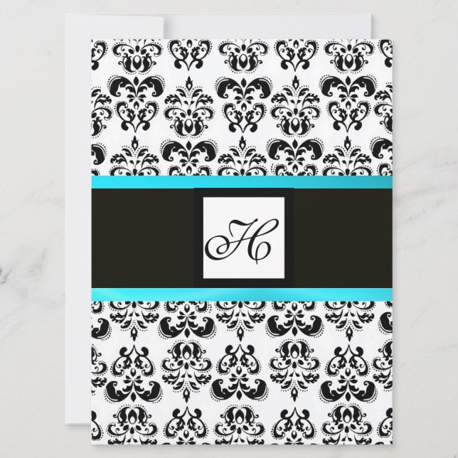 Convite MONOGRAMA DAMASCO, preto e branco, azul turquesa (Frente)
