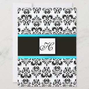 Convite MONOGRAMA DAMASCO, preto e branco, azul turquesa