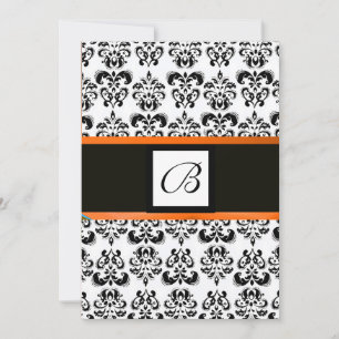 Convite MONOGRAMA DAMASCO, preto e branco, laranja amarelo