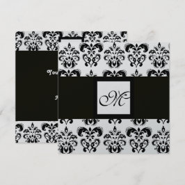 Convite MONOGRAMA DAMASCO,preto e branco,metálico prateado