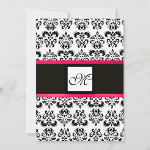 Convite MONOGRAMA DAMASCO, preto e branco, rosa fúcsia