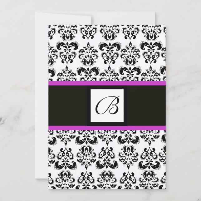 Convite MONOGRAMA DAMASCO, preto e branco, rosa roxo (Frente)