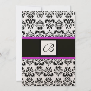 Convite MONOGRAMA DAMASCO, preto e branco, rosa violeta do