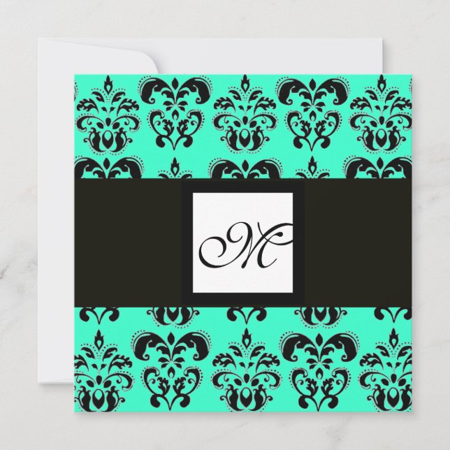 Convite MONOGRAMA DAMASCO,preto e branco,turquesa azul (Frente)