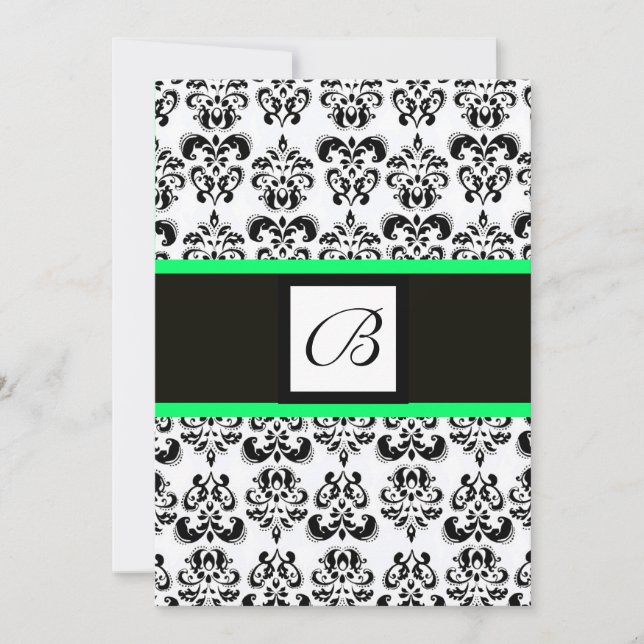 Convite MONOGRAMA DAMASCO, preto e branco, verde (Frente)