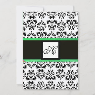 Convite MONOGRAMA DAMASCO, preto e branco, verde esmeralda