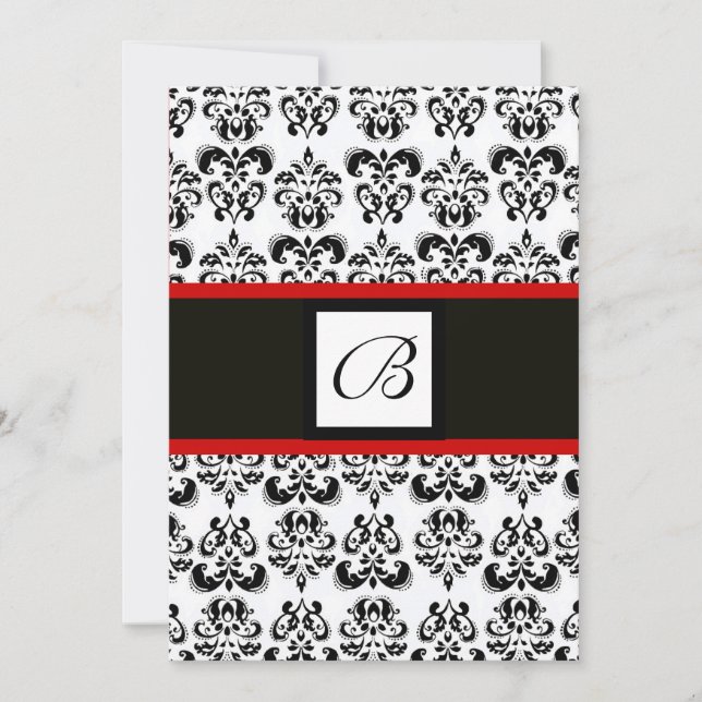 Convite MONOGRAMA DAMASCO,preto e branco,vermelho (Frente)